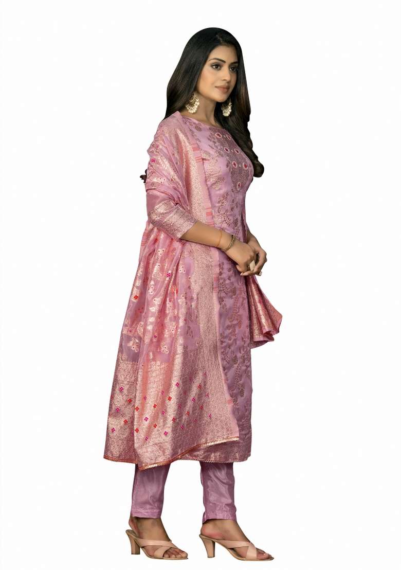 Pink Embroidered Jacquard Dress Material - Indya
