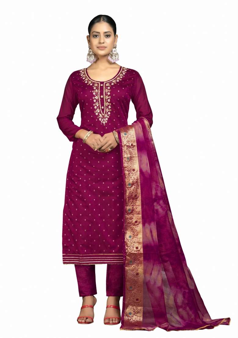 Magenta Embroidered Blended Straight Kurta Set - Indya