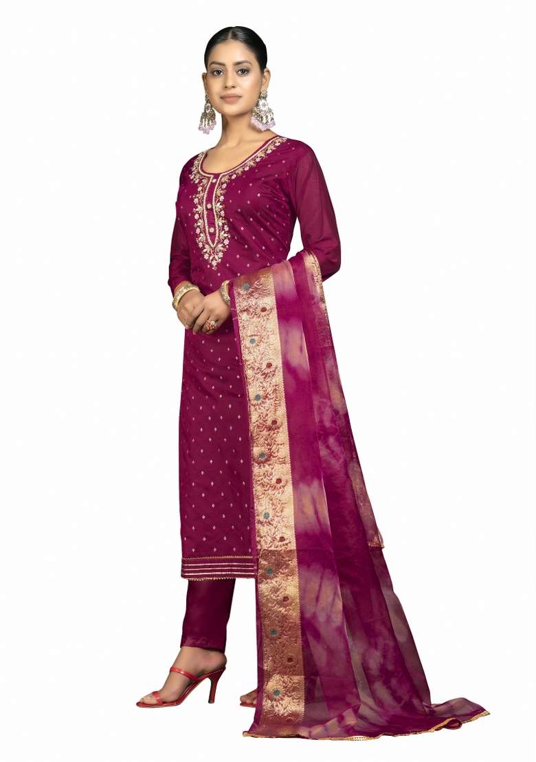 Magenta Embroidered Blended Straight Kurta Set - Indya