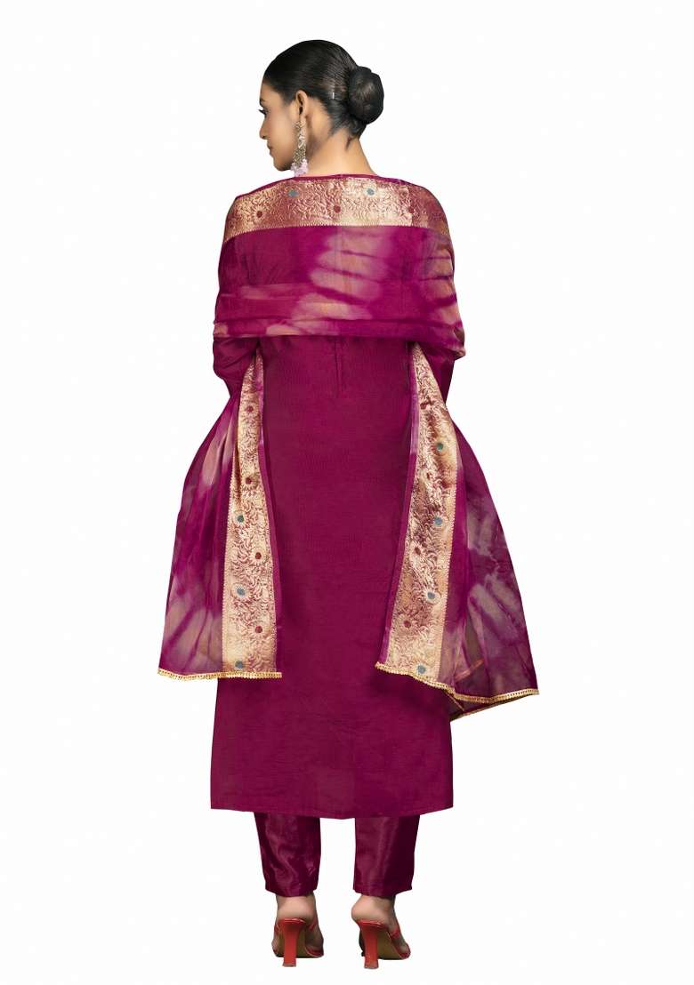 Magenta Embroidered Blended Straight Kurta Set - Indya