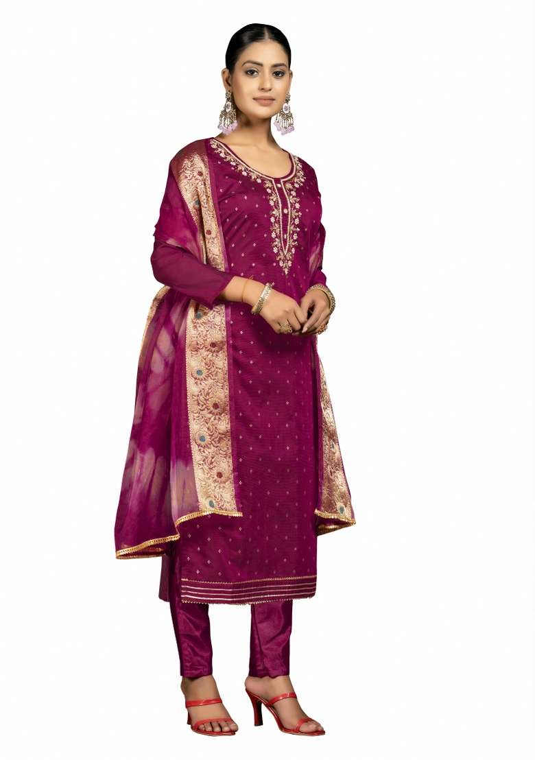 Magenta Embroidered Blended Straight Kurta Set - Indya