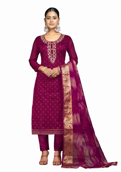Magenta Embroidered Blended Straight Kurta Set