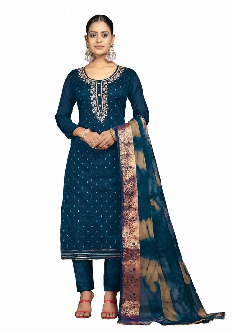 Teal Blue Embroidered Cotton Straight Kurta Set