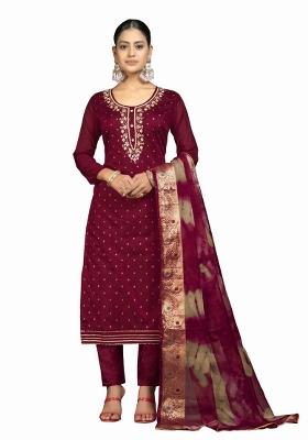 Maroon Embroidered Cotton Blend Dress Material
