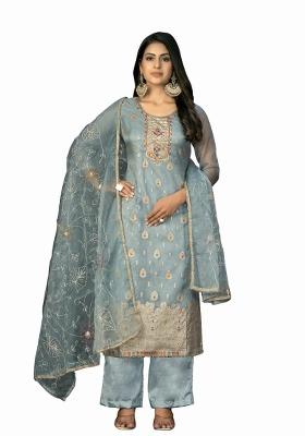 Sea Green Embroidered Oragnza Dress Material