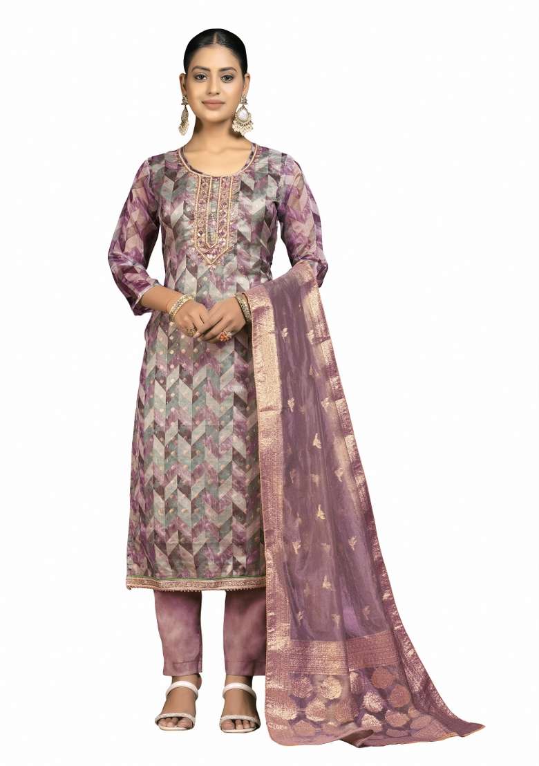 Multicolor Jacquard Organza Pakistani Suit Set - Indya