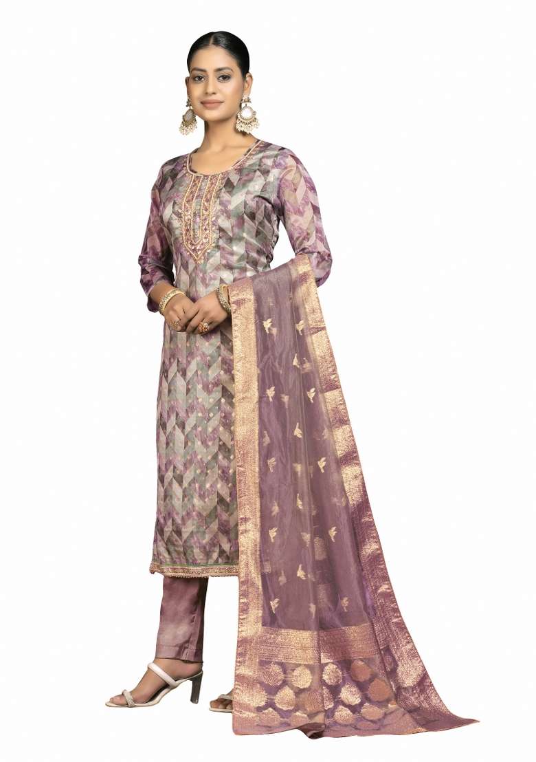 Multicolor Jacquard Organza Pakistani Suit Set - Indya