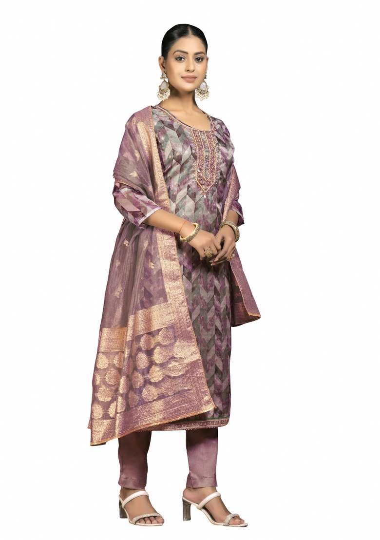 Multicolor Jacquard Organza Pakistani Suit Set - Indya