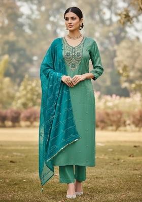 Sea Green Embroidered Viscose Dress Material