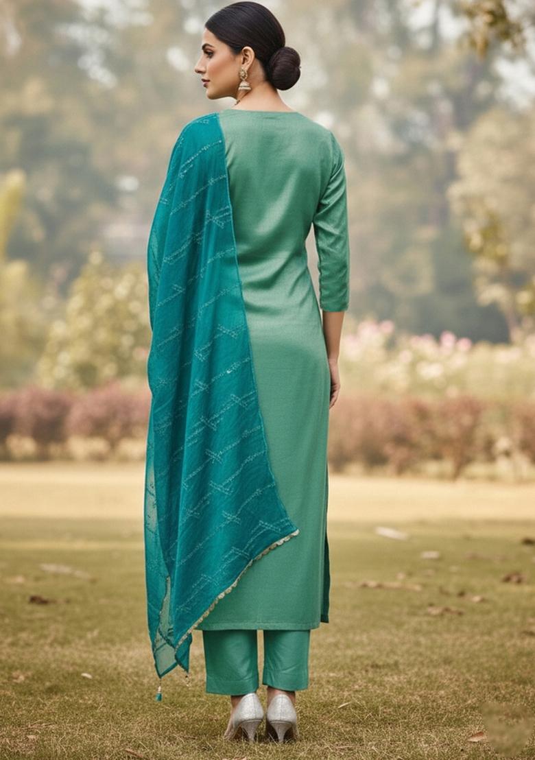 Sea Green Embroidered Viscose Dress Material - Indya