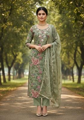 Olive Green Embroidered Jacquard Dress Material