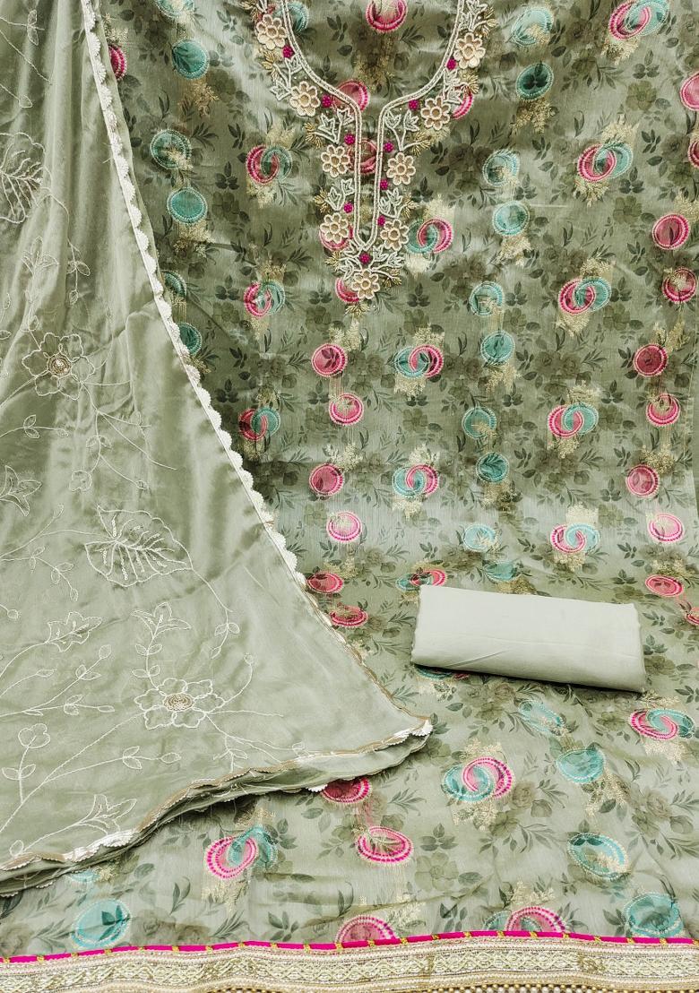 Olive Green Embroidered Jacquard Dress Material