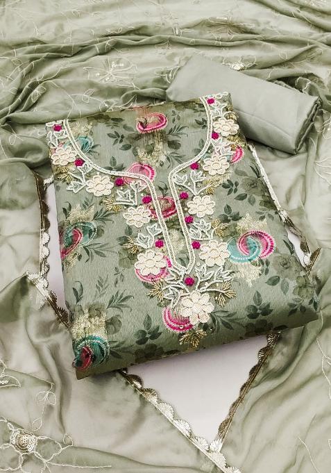 Olive Green Embroidered Jacquard Dress Material