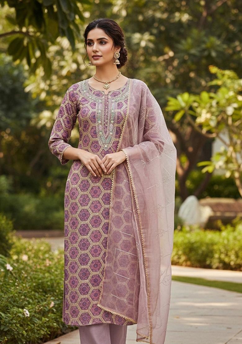 Multicolor Embroidered Oragnza Dress Material - Indya