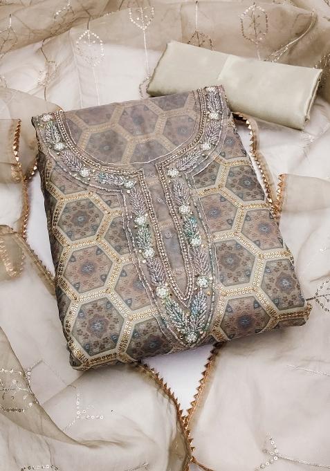 Multicolor Embroidered Oragnza Dress Material