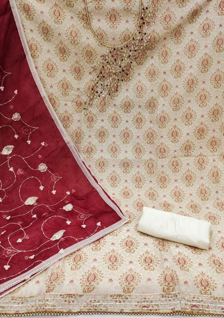 Off White Embroidered Cotton Straight Kurta Set - Indya