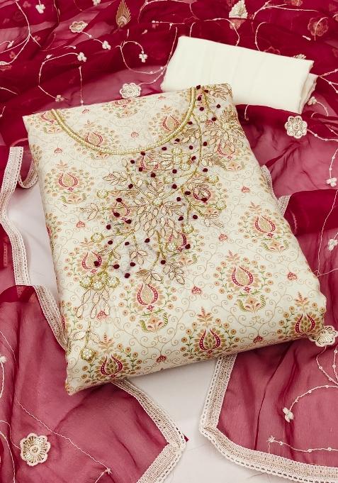 Off White Embroidered Cotton Blend Dress Material