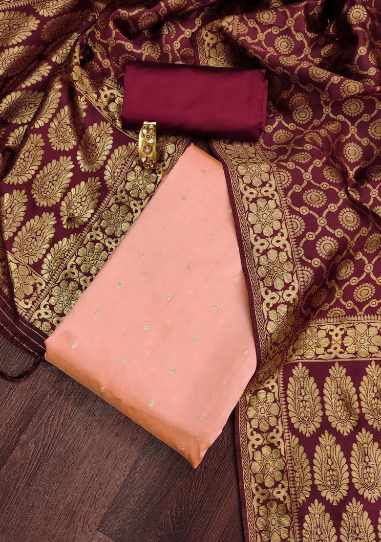 Peach Embroidered Jacquard Dress Material