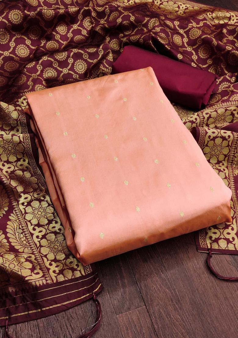 Peach Embroidered Jacquard Dress Material