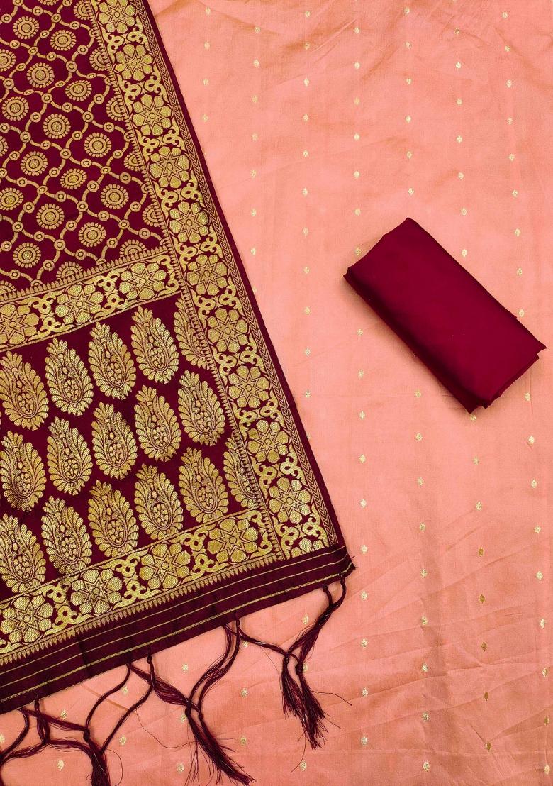 Peach Embroidered Jacquard Dress Material