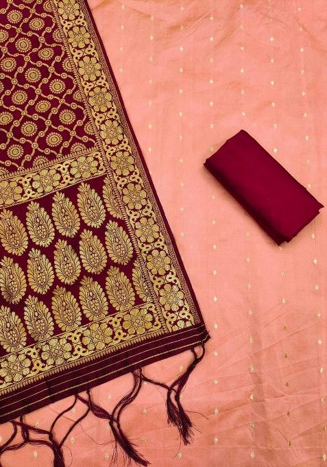 Peach Embroidered Jacquard Dress Material