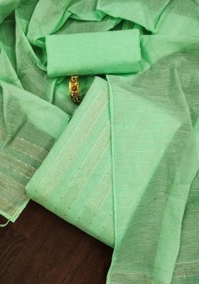 Pista Green Embroidered Cotton Blend Dress Material