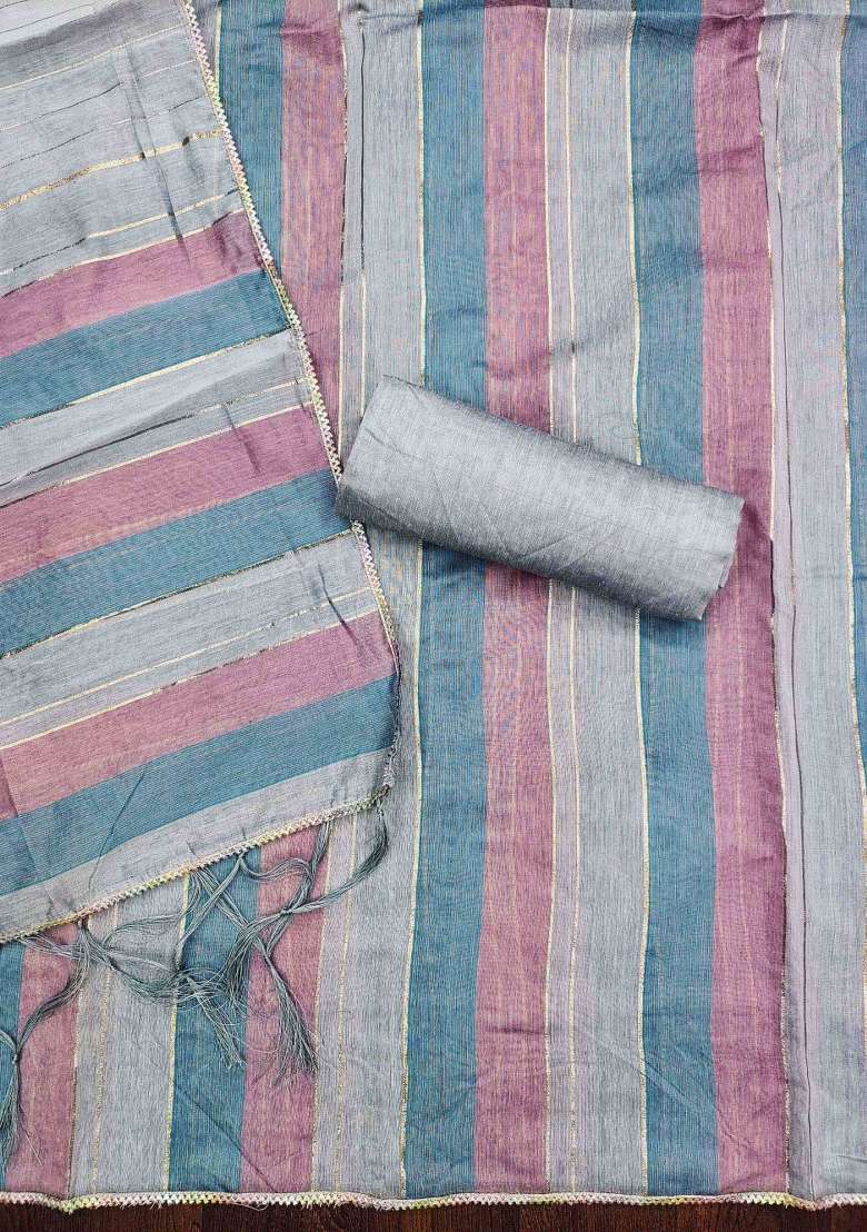 Multicolor Striped Silk Blend Straight Kurta Set - Indya