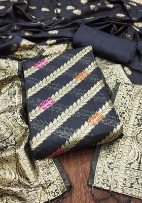 Grey Embroidered Cotton Blend Dress Material