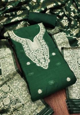 Olive Embroidered Cotton Blend Dress Material