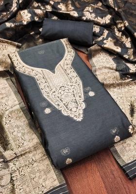 Grey Embroidered Cotton Blend Dress Material