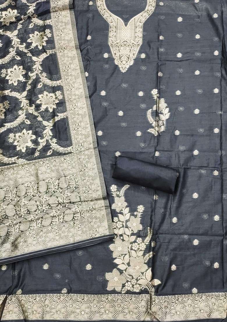 Grey Embroidered Blended Straight Kurta Set - Indya