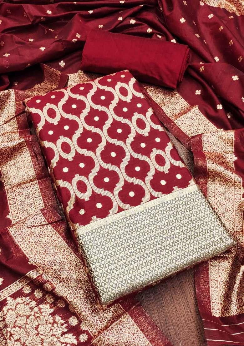 Maroon Embroidered Cotton Blend Dress Material - Indya