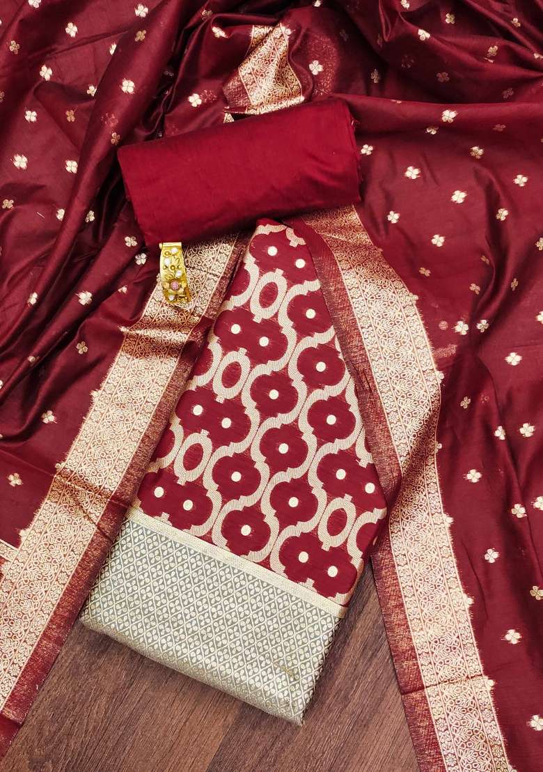 Maroon Embroidered Cotton Blend Dress Material - Indya