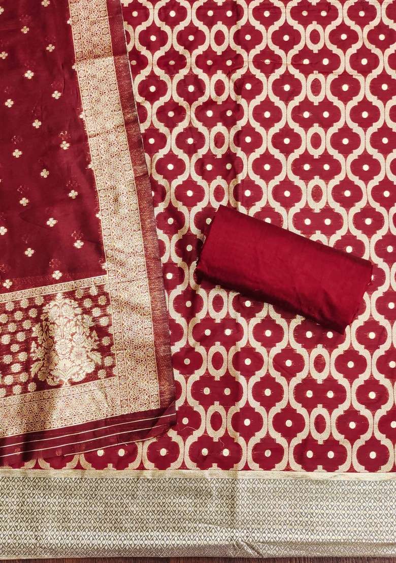 Maroon Embroidered Cotton Blend Dress Material - Indya