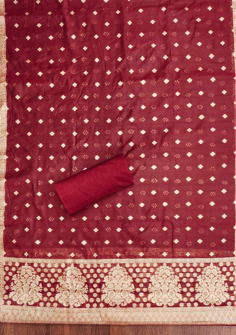 Maroon Embroidered Cotton Blend Dress Material - Indya