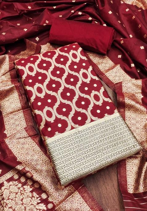 Maroon Embroidered Cotton Blend Dress Material