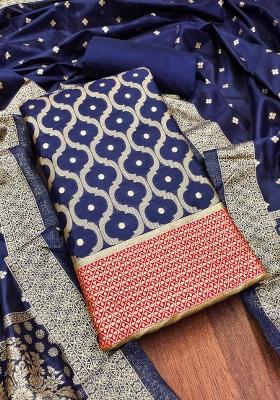 Navy Blue Embroidered Cotton Blend Dress Material