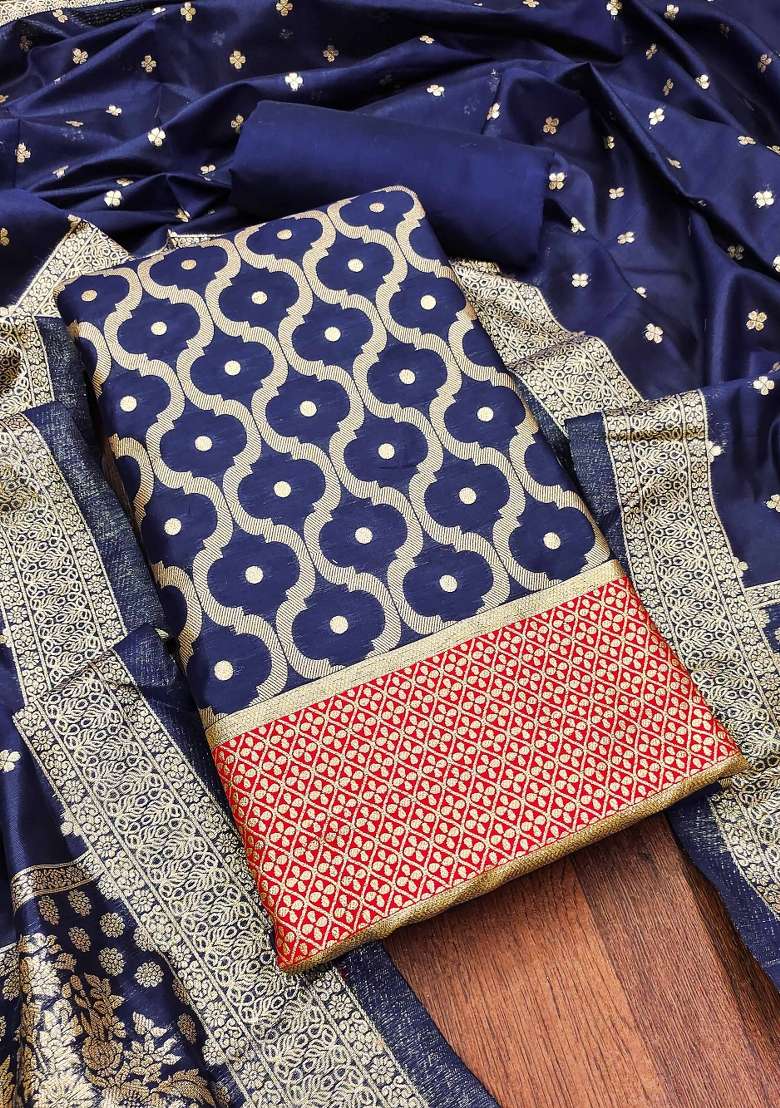 Navy Blue Zari Work Cotton Straight Kurta Set - Indya