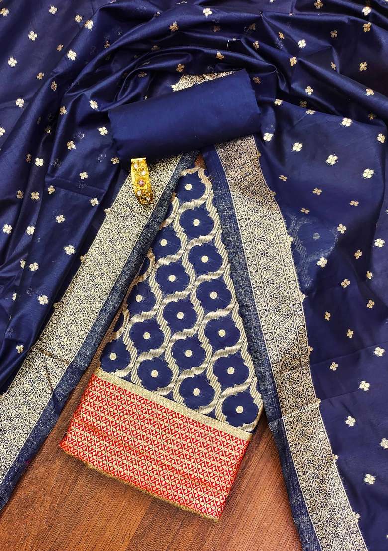 Navy Blue Zari Work Cotton Straight Kurta Set - Indya