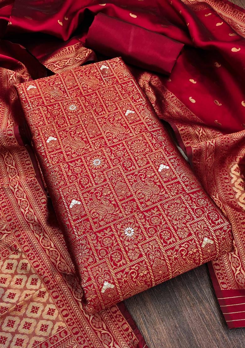 Red Embroidered Silk Dress Material