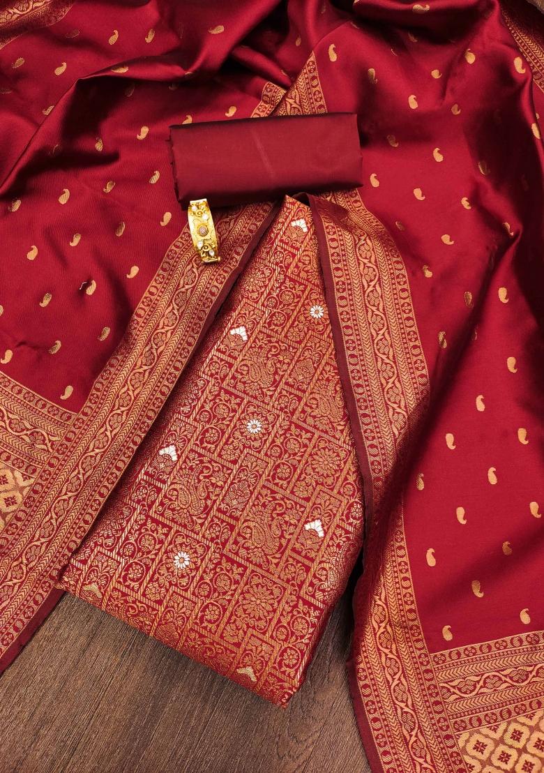 Red Embroidered Silk Dress Material