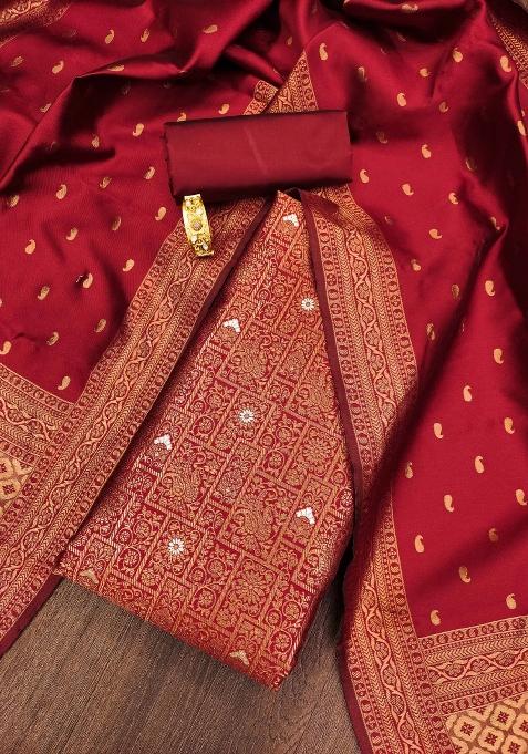 Red Embroidered Silk Dress Material
