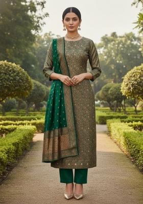 Mehandi Embroidered Silk Dress Material