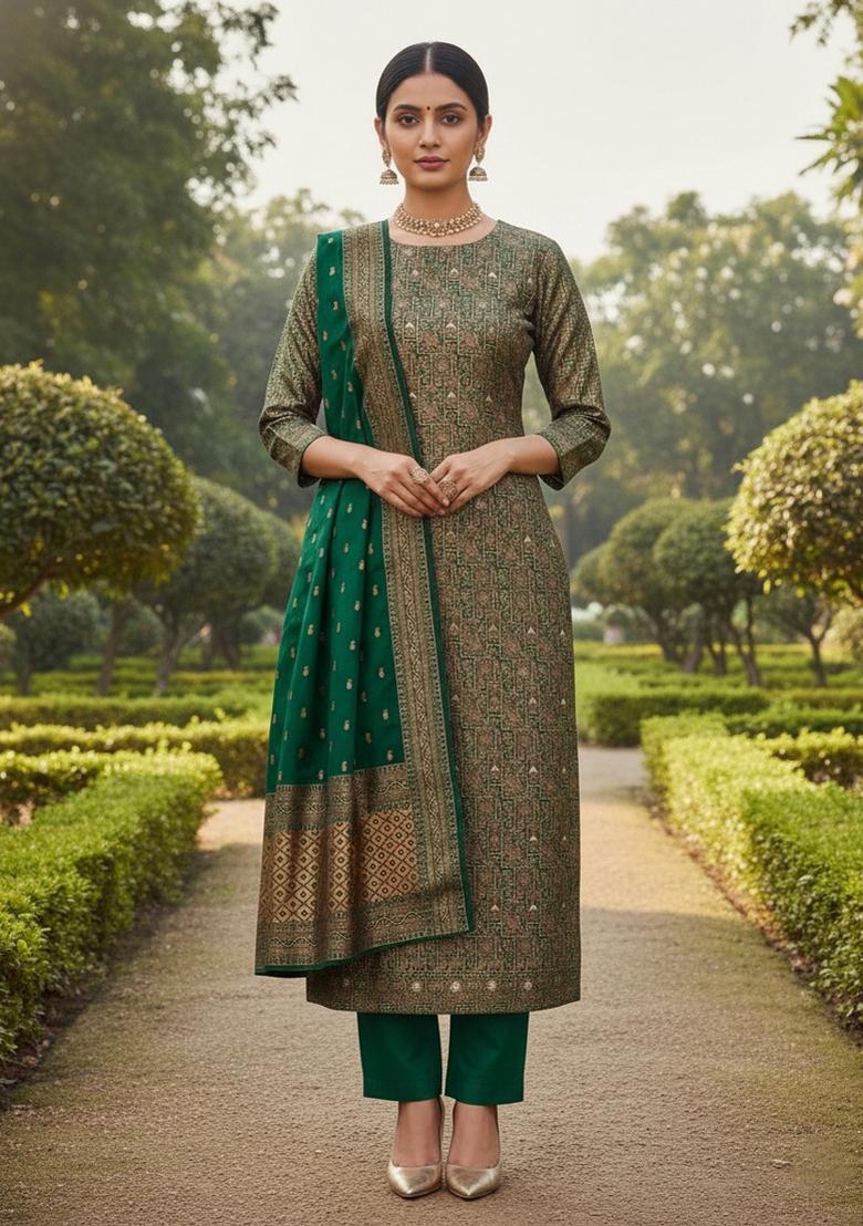 Mehandi Embroidered Silk Dress Material