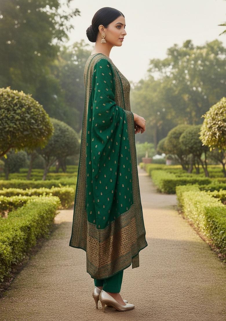 Mehandi Embroidered Silk Dress Material