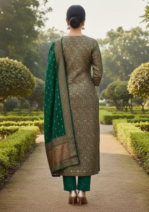 Mehandi Embroidered Silk Dress Material