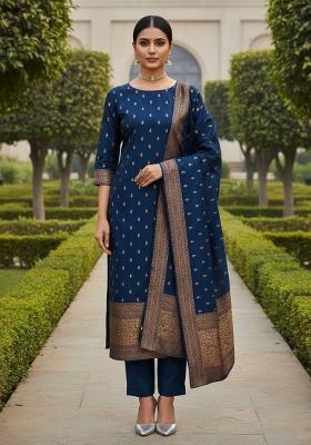 Navy Blue Embroidered Silk Dress Material