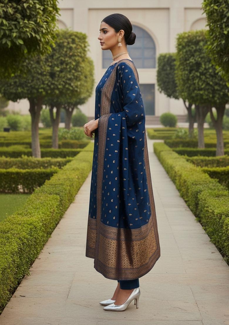 Navy Blue Embroidered Silk Dress Material - Indya