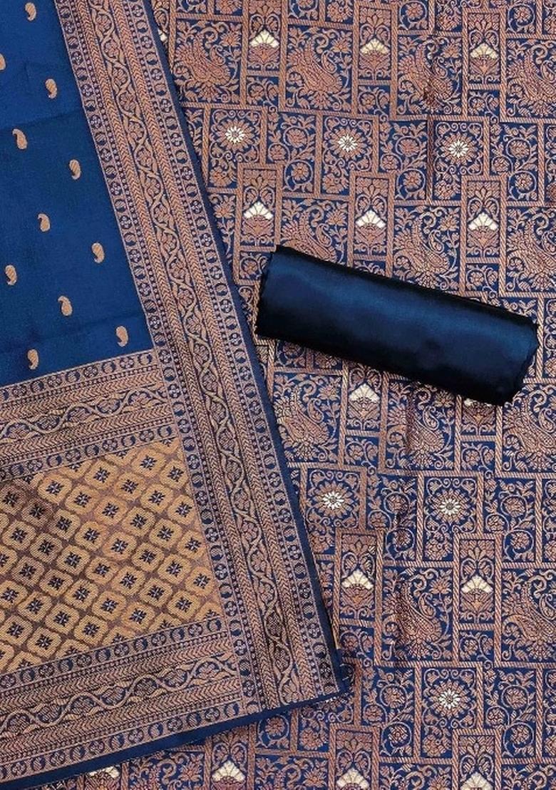 Navy Blue Embroidered Silk Dress Material - Indya