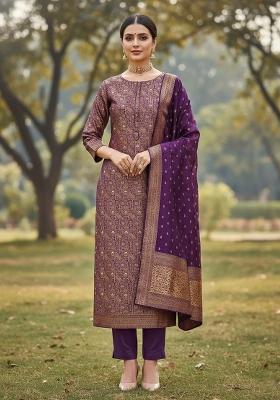 Wine Embroidered Silk Dress Material